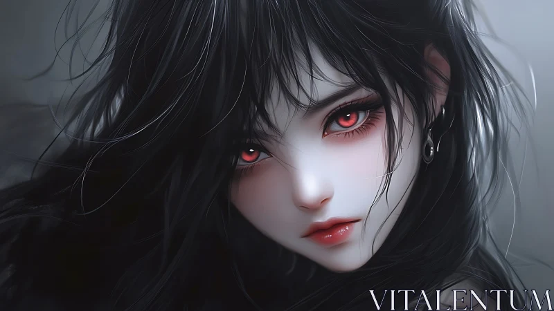 Pale girl with crimson eyes under windswept black hair.