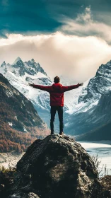 Hiker in red jacket stands on rock facing snowy mountains.