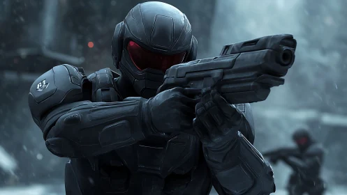 Armored tactical operative aiming modular sidearm in blizzard.
