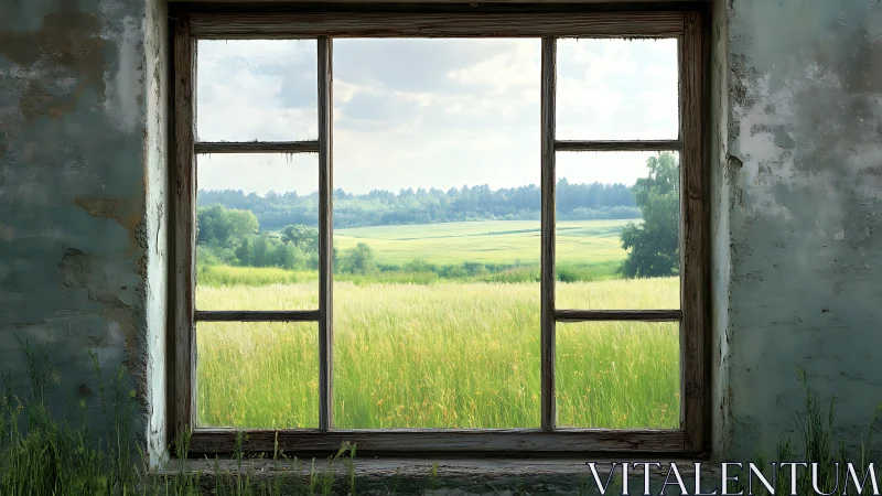 Weathered interior window framing open summer fields.