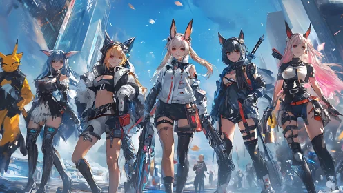Vanguard fox-eared heroines stride through neon winter streets.