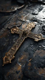 Golden ornamental cross rests on worn textured metal surface
