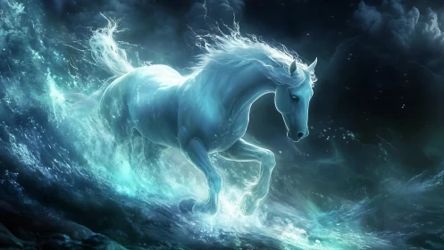 Spectral ocean stallion charging through luminous waves.
