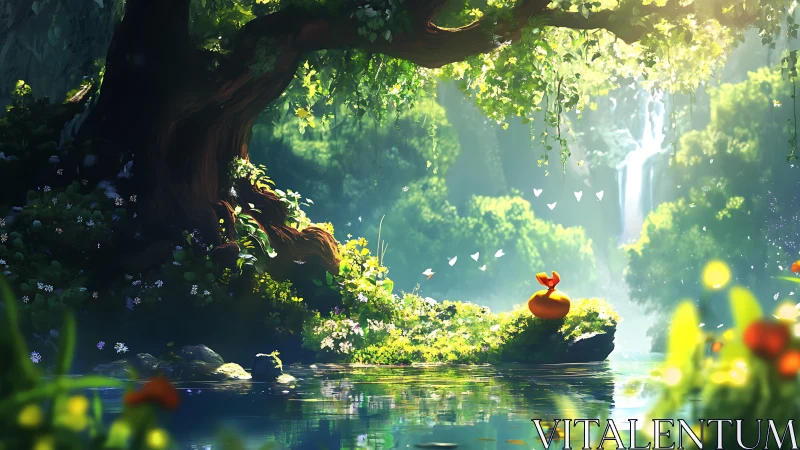 Luminous forest pool with ancient tree and waterfall vista