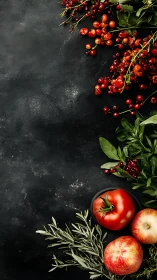 Dark food flatlay uniting ripe tomatoes, apples and herbs