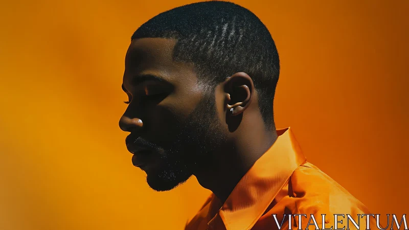 Side-lit male profile portrait against saturated orange backdrop