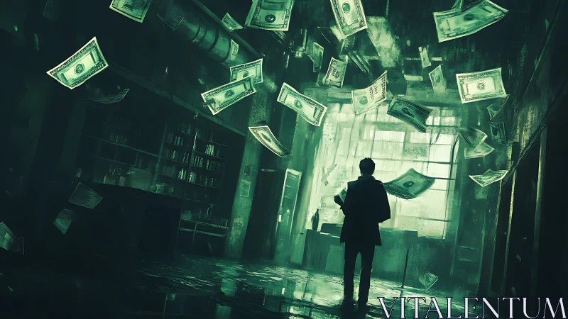 Lone figure in green-lit ruin as dollar bills swirl overhead.