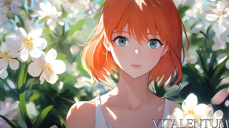Red haired anime girl stands among white flowers outdoors
