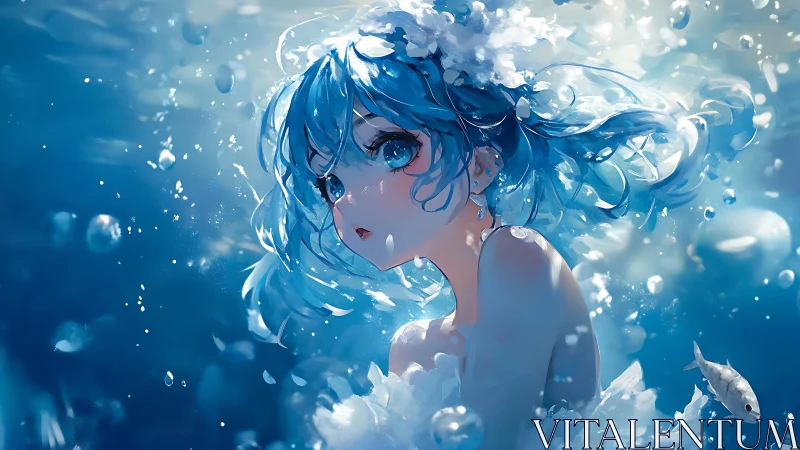 Softly glowing sea girl drifts through a dreamy blue world