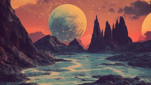 Alien coastal landscape with twin moons and rocky spires.