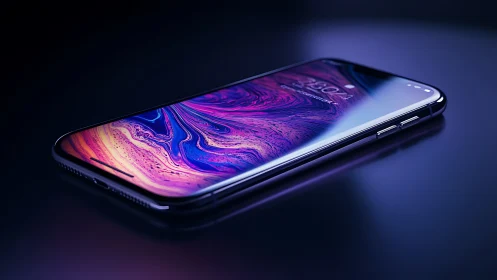 Modern smartphone with vibrant fluid art display.
