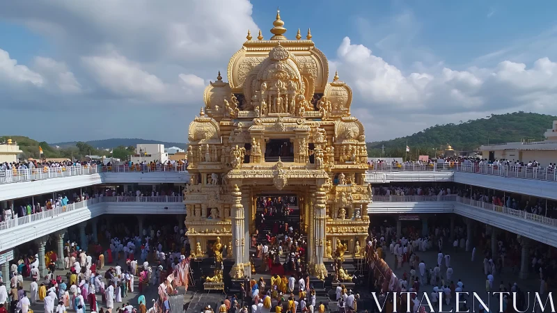Photorealistic view of ornate golden temple gopuram architecture.
