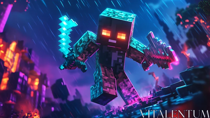 Voxel warrior in neon storm with dual phase blades engaged.