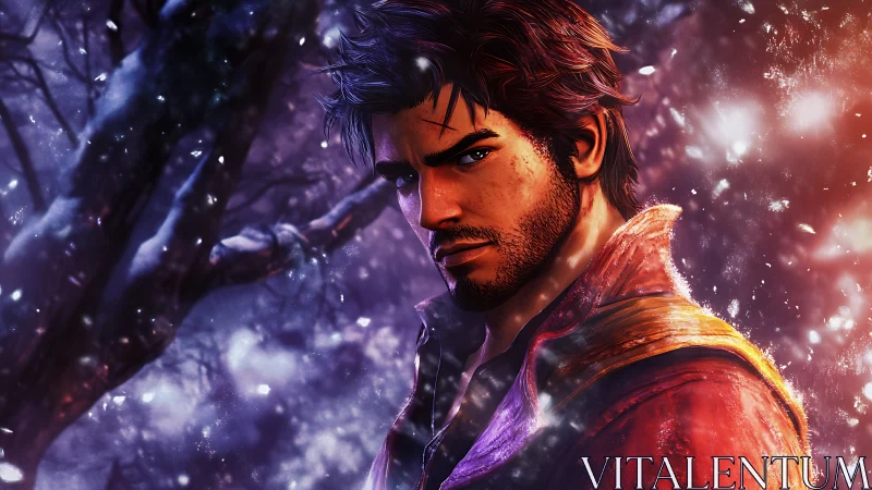 Brooding adventurer in glowing winter forest light at dusk.