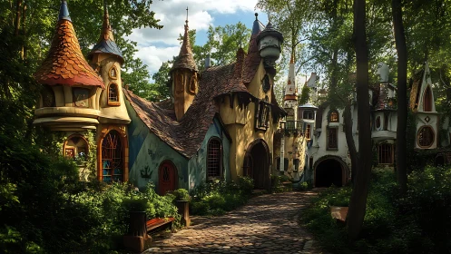 Fairytale forest cottages align along curved cobblestone path