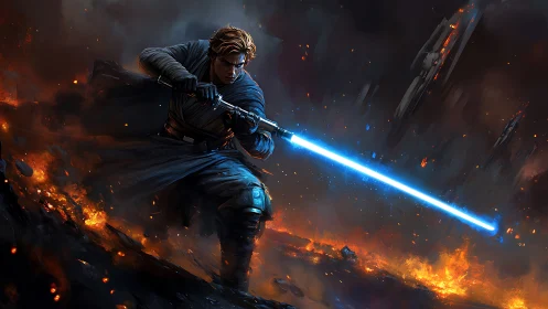 Jedi warrior ignites blue lightsaber over burning battlefield.
