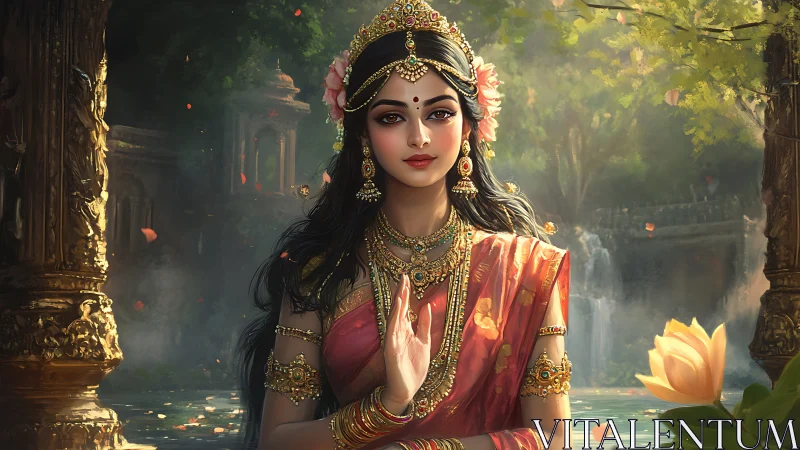 Divine Indian woman in silk sari amid temple garden waterscape.