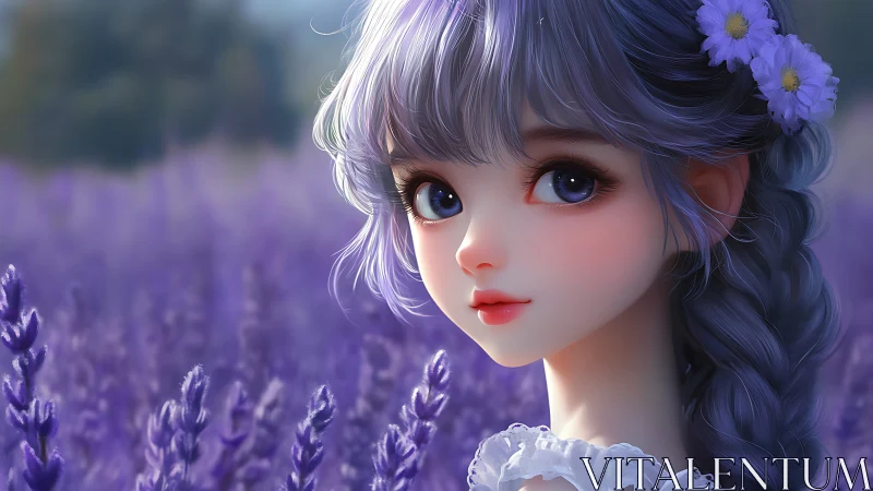 Lavender field anime portrait with volumetric purple lighting.