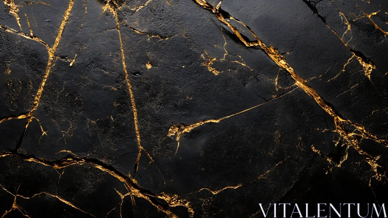 Dark fractured surface is intersected by metallic gold veins