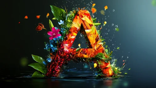 Floral crystal letter A rises from reflective dark water