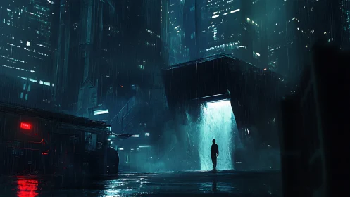 Solitary figure under neon waterfall gate in rainy megacity