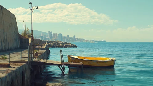 Yellow rowboat rests quietly beside a sunlit urban pier