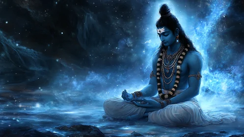 Cosmic blue deity meditates within luminous starlit void.
