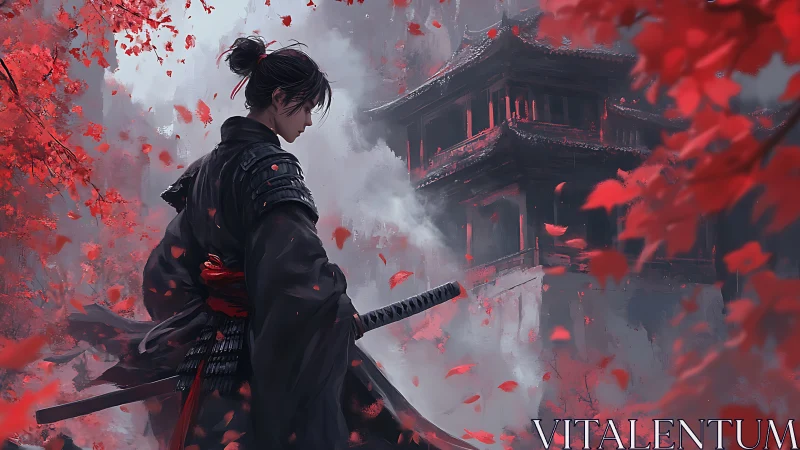 Samurai stands before misty temple amid red autumn leaves