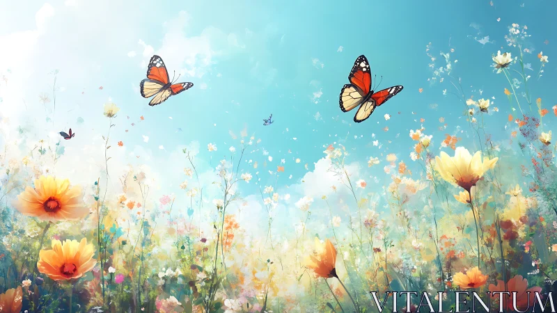 Digital Rendering of Meadow Landscape with Butterflies