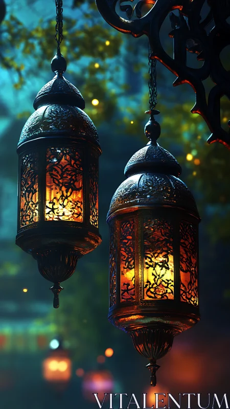 Golden lanterns glow softly in a dreamy evening garden
