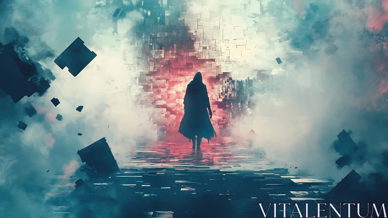 Hooded figure crossing fragmented neon data mist corridor.