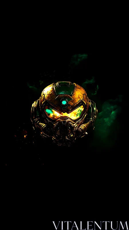 Futuristic armored helmet with glowing visor on black field.
