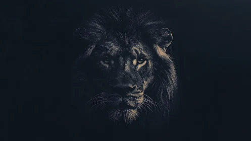 Lion head portrait in low key monochrome lighting.