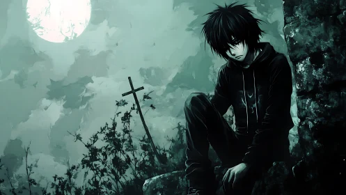 Melancholic anime boy in moonlit graveyard with teal tonality