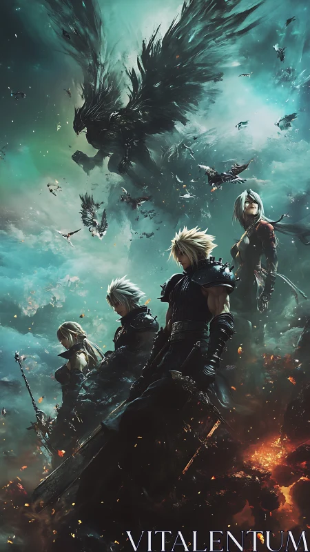 Warriors confront shadow dragon amid teal storm skies.