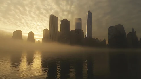 Golden fog wraps a quiet city skyline at sunrise.