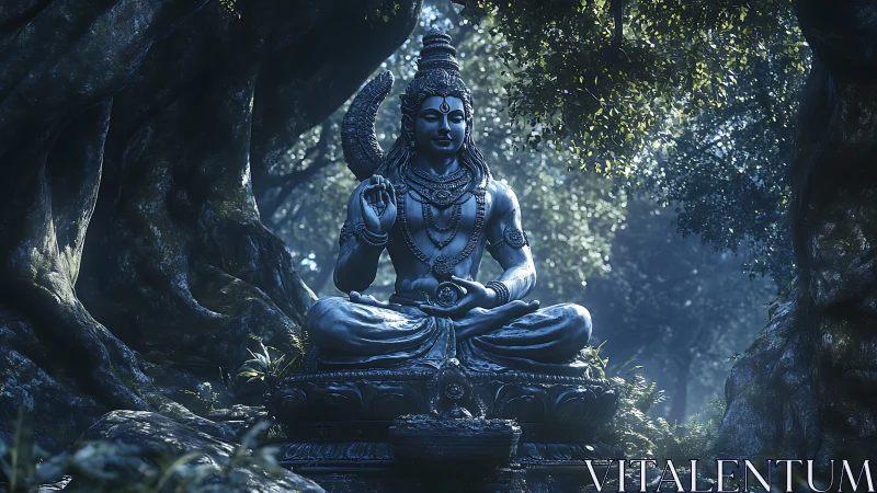 Stone deity sculpture seated in forest clearing at dusk.