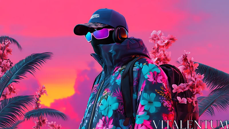 Masked figure in floral jacket stands before neon sunset sky