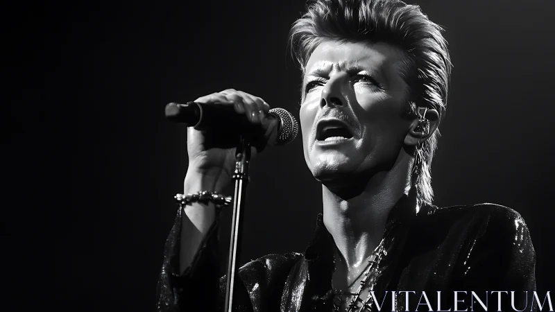 Dramatic black and white portrait of singer on stage.