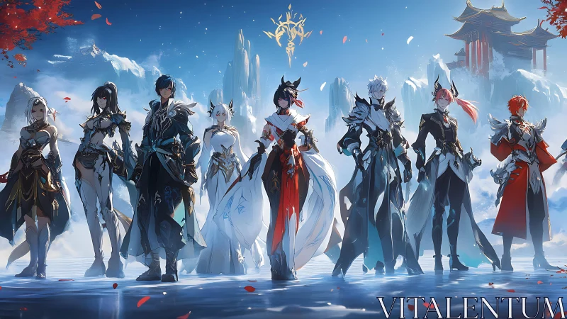 Digital painting lineup of fantasy warriors in icy court setting.