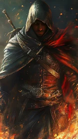 Hooded swordsman strides through swirling inferno embers.