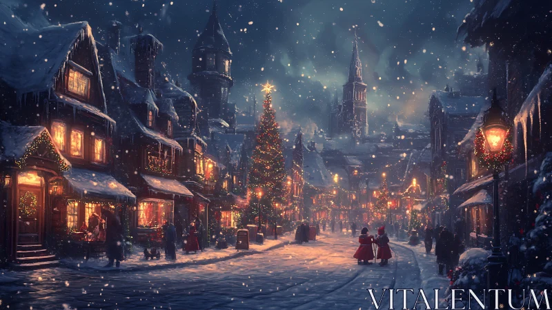 Victorian Christmas street glows under swirling snowfall.