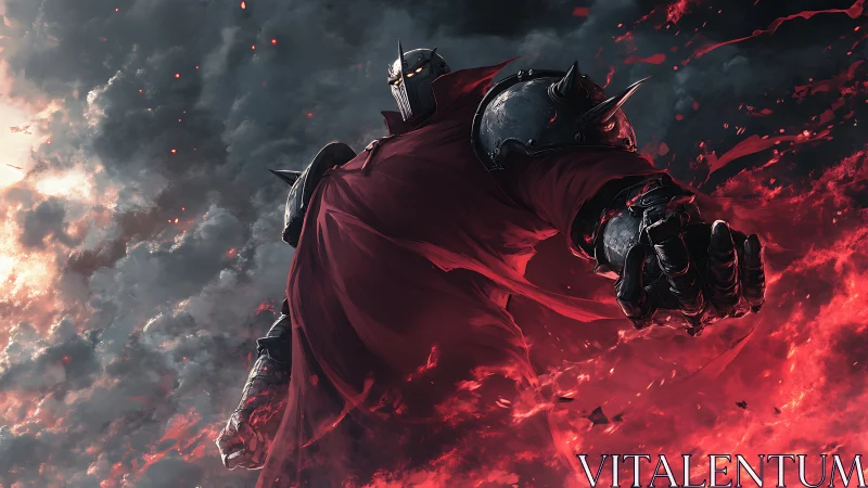 Storm-lit armored warrior strides through swirling red fire
