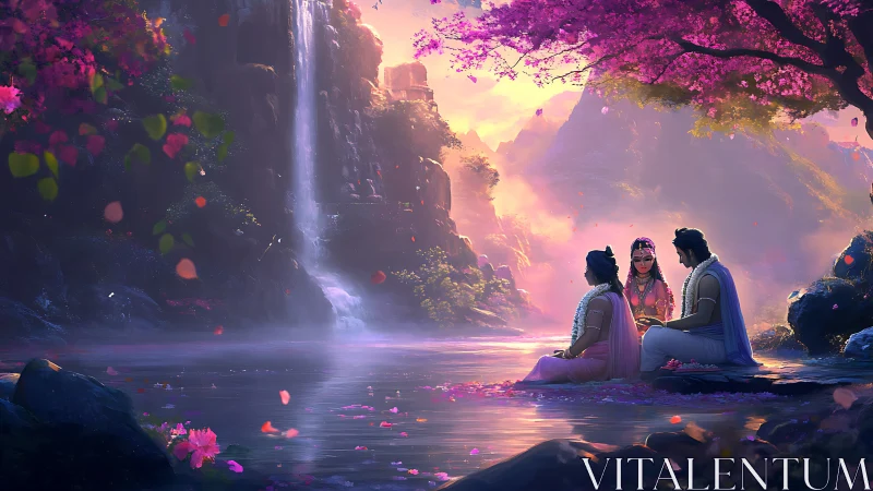 Mythic riverside ritual under luminous sakura canopy.