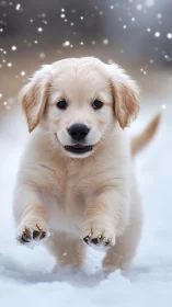 Golden retriever puppy running through fresh winter snow.