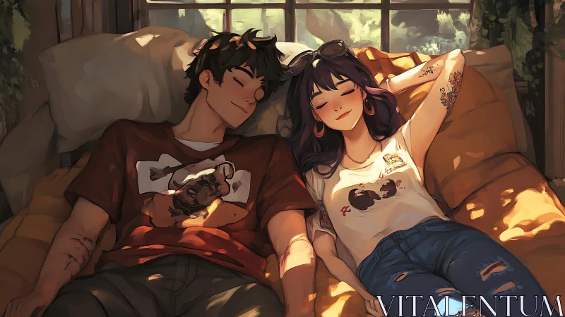 Couple Resting on Couch in Warm Sunlight