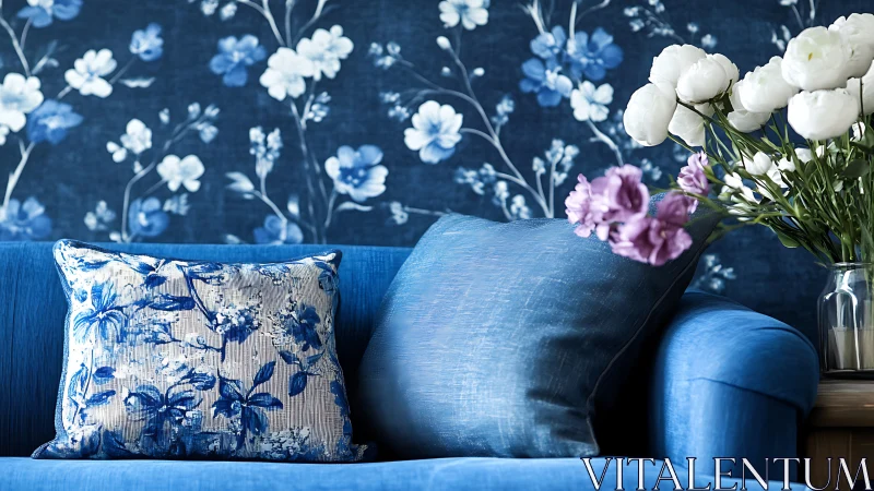 Blue sofa with floral pillows and flowers in glass vase.