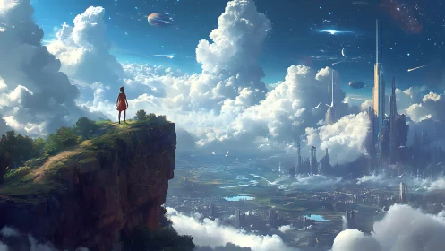 Solitary figure surveys distant futuristic city in clouds
