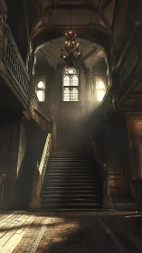 Grand staircase in decayed manor rendered with cinematic lighting
