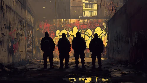 Urban alley silhouettes before illuminated graffiti wall at dusk.